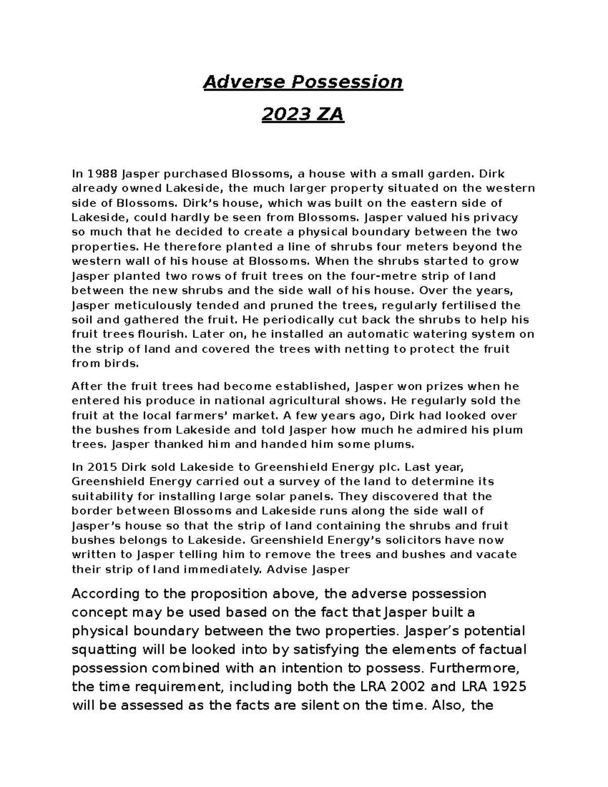 Adverse Possession Case Study Analysis 2023 ZA - Studocu