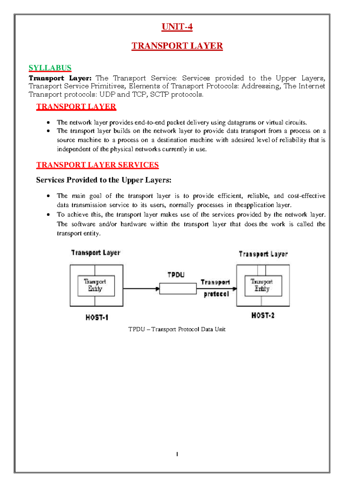GNR-18 CN UNIT-4: Transport Layer Protocols and Services Overview - Studocu
