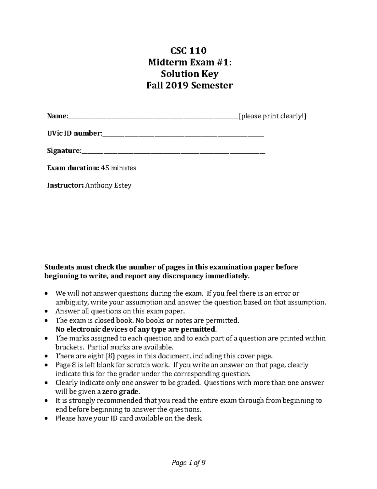 CSC 110 - Midterm 1 Answer Key for Fall 2019 Semester - Document Preview