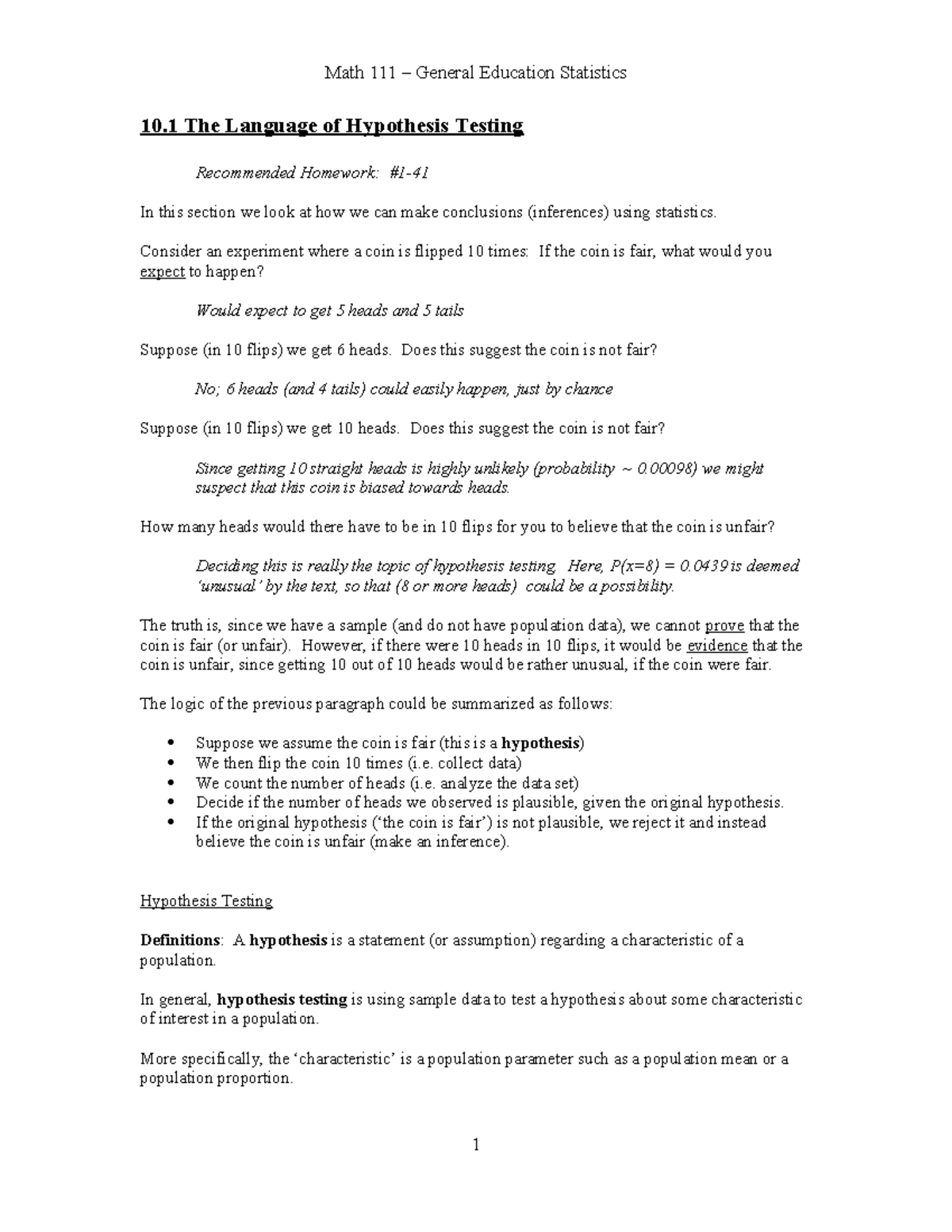 Math 111 - General Education Statistics: Understanding Hypothesis ...
