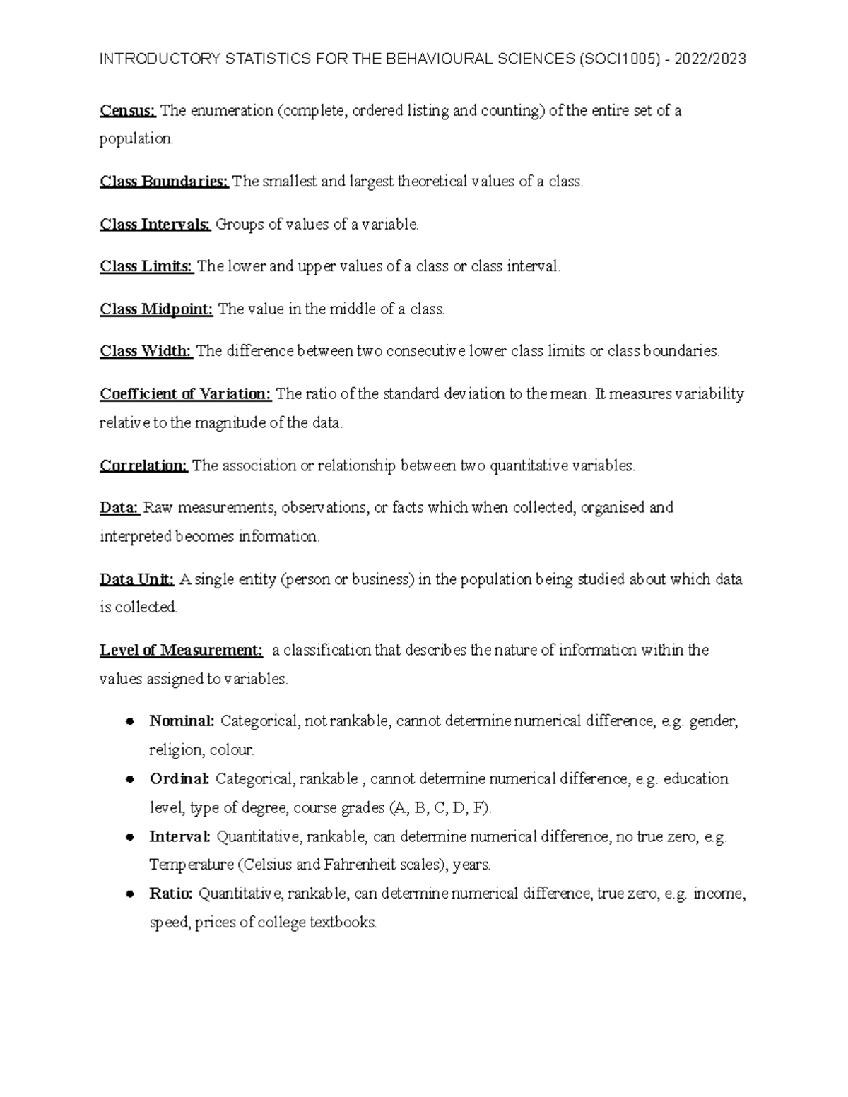 SOCI1005 - Key Terms for Introductory Statistics (Midsemester Exam ...