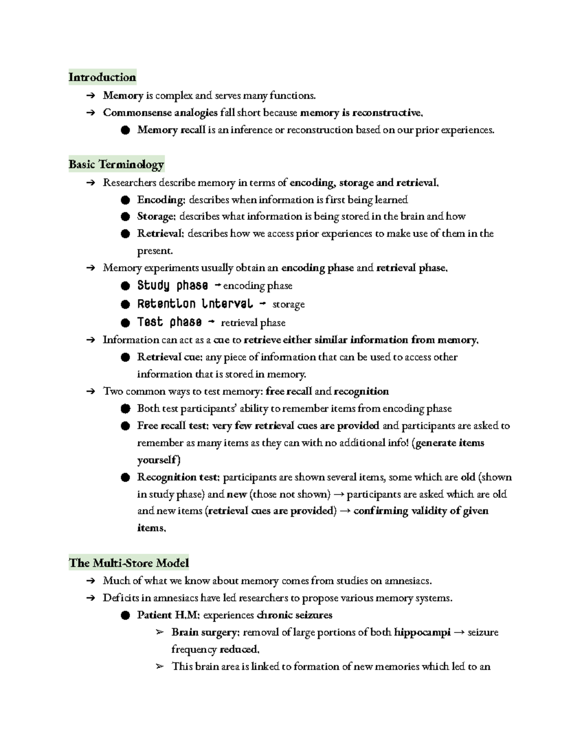 Memory - Comprehensive Notes from Modules & Lectures (PSY101) - Studocu