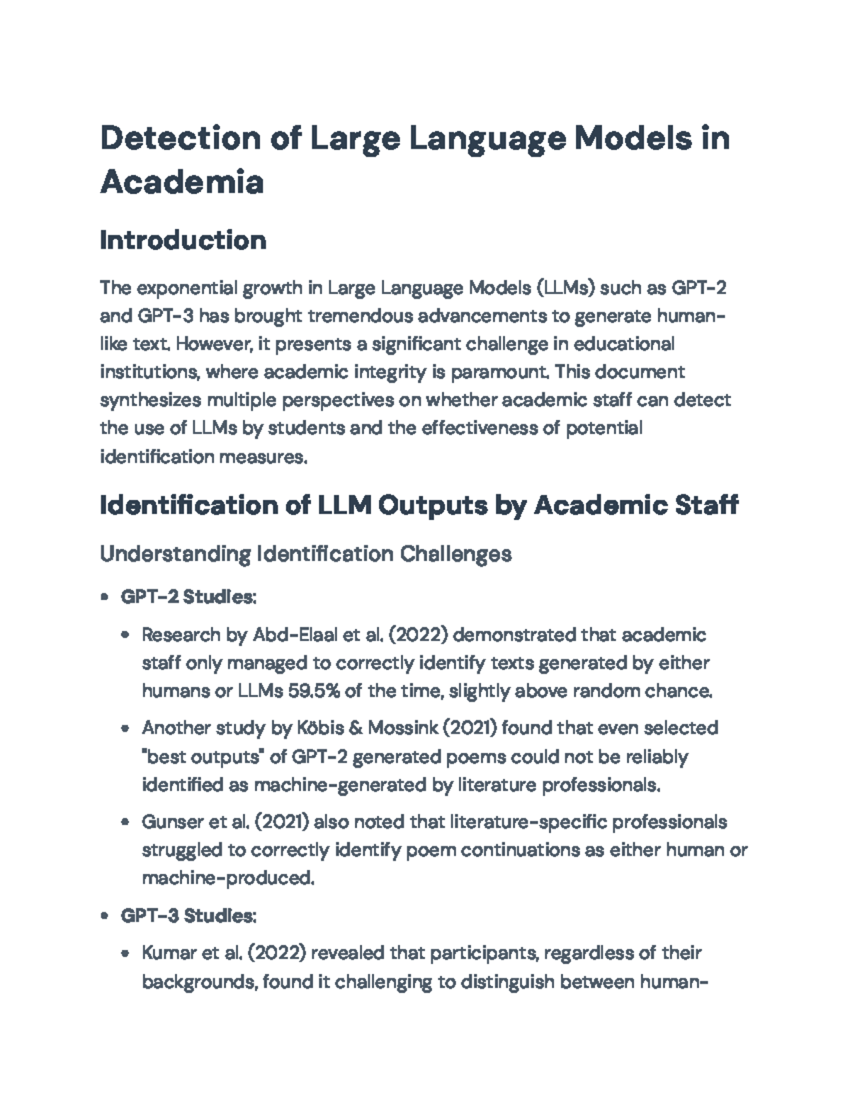 Detection of Large Language Models in Academia: Challenges ...