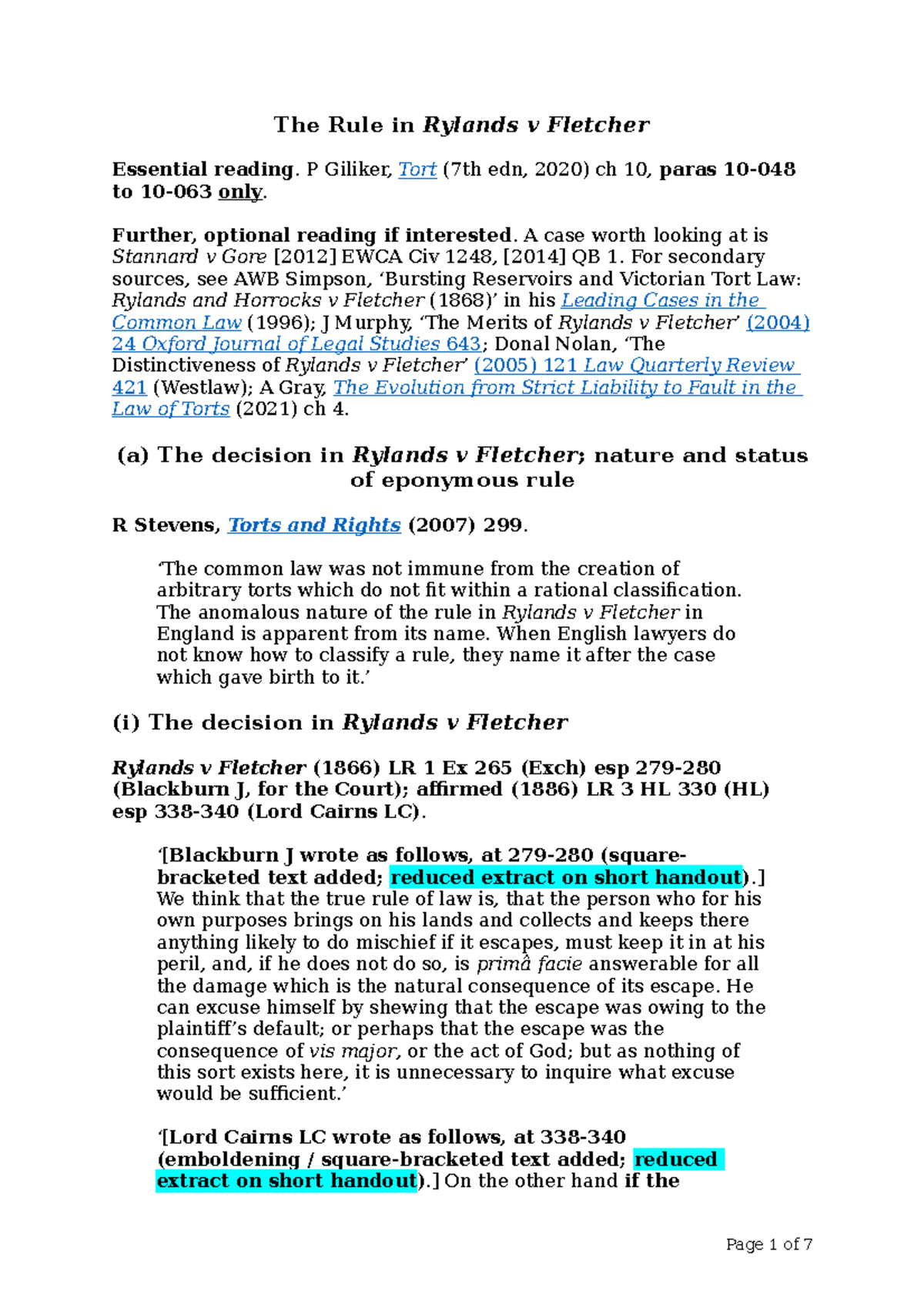 Tort Lecture Notes: R v F and the Rule of Rylands v Fletcher - Studocu