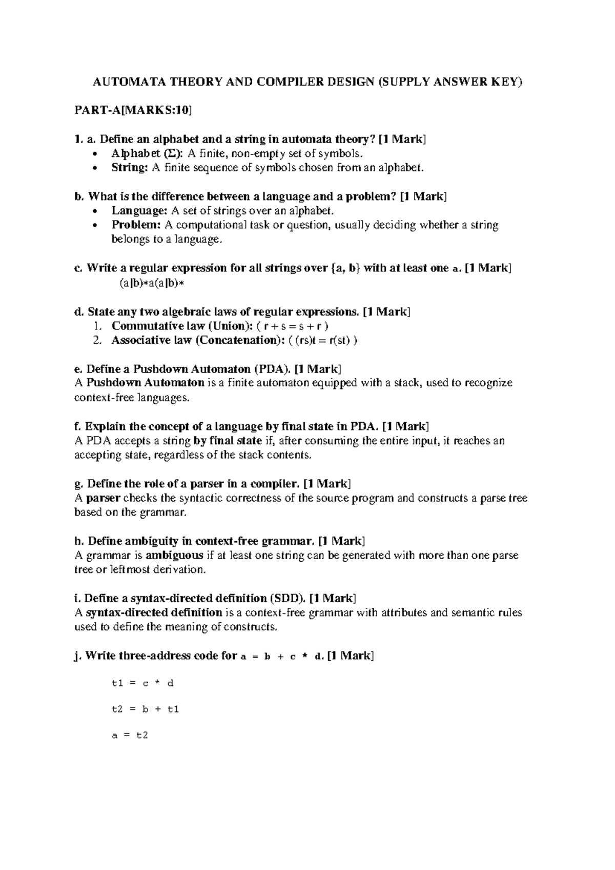ATCD Automata Theory & Compiler Design Supply Answer Key 2026 - Studocu