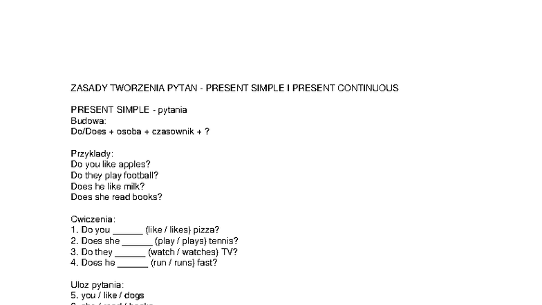 ZASADY TWORZENIA PYTAŃ: PRESENT SIMPLE I CONTINUOUS - Studocu