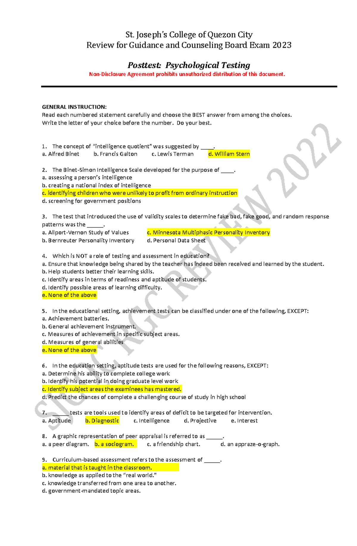 Post-Test Review for Psych Testing 2: Guidance & Counseling Exam 2023 ...
