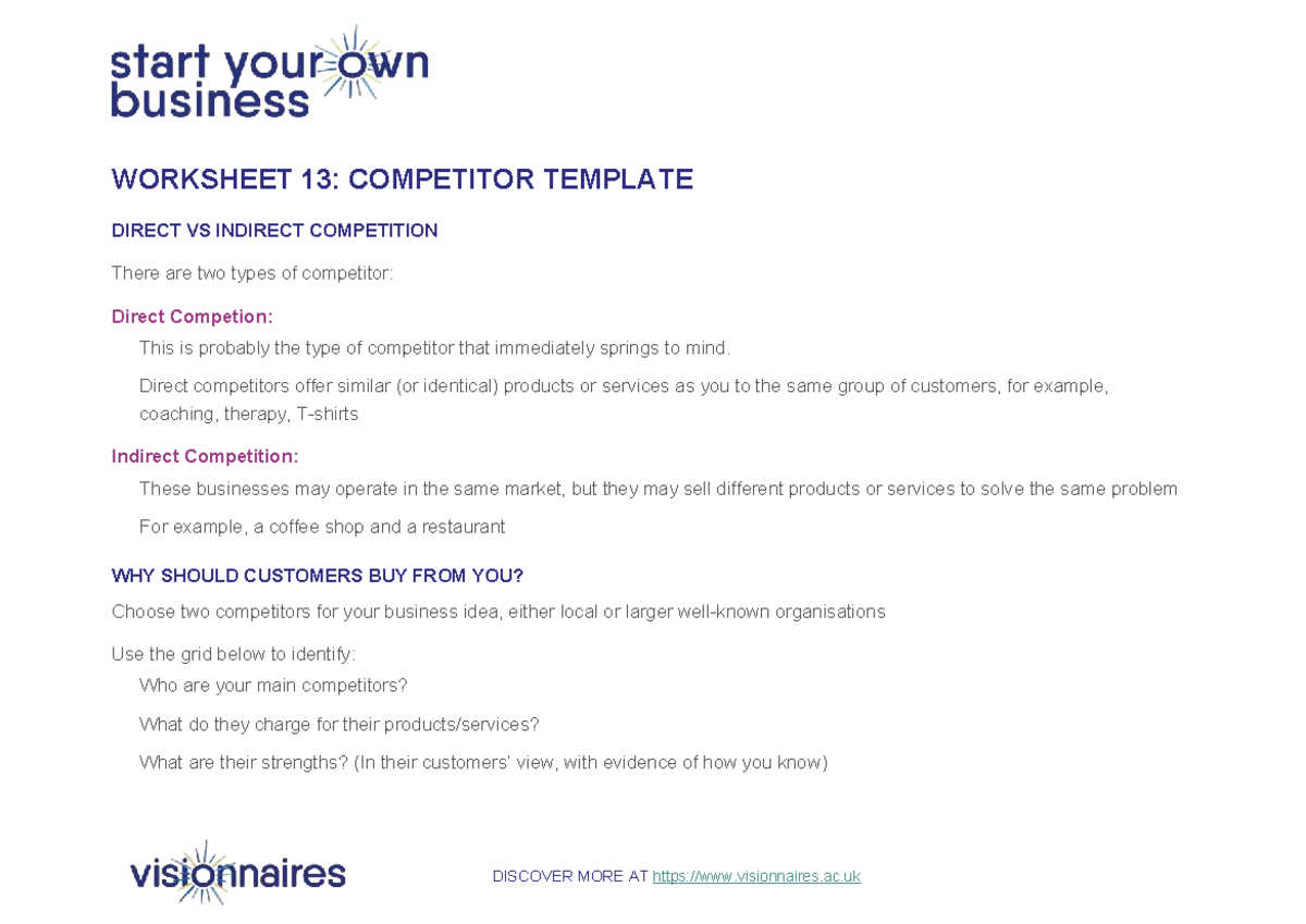 Worksheet 13: Competitor Analysis - Direct vs Indirect Competition ...