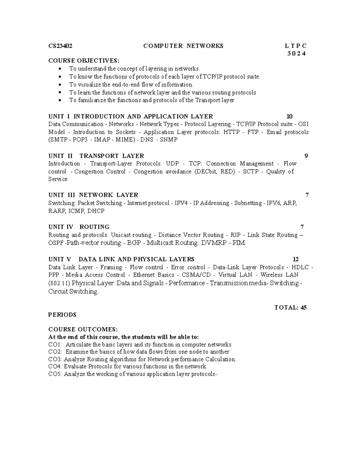 CS23402 COMPUTER NETWORKS LTPC 3024 SYLLABUS OVERVIEW 2023 - Studocu