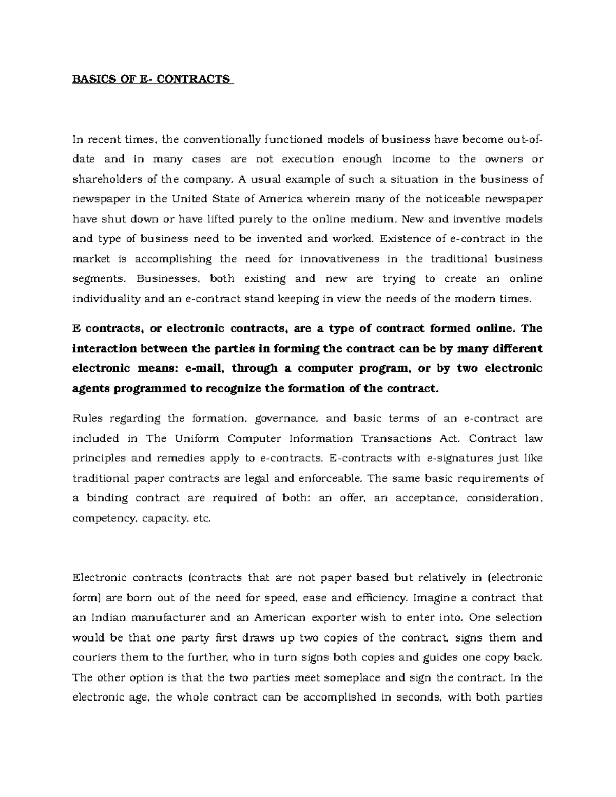 E Contract Material - BASICS OF E- CONTRACTS In recent times, the ...