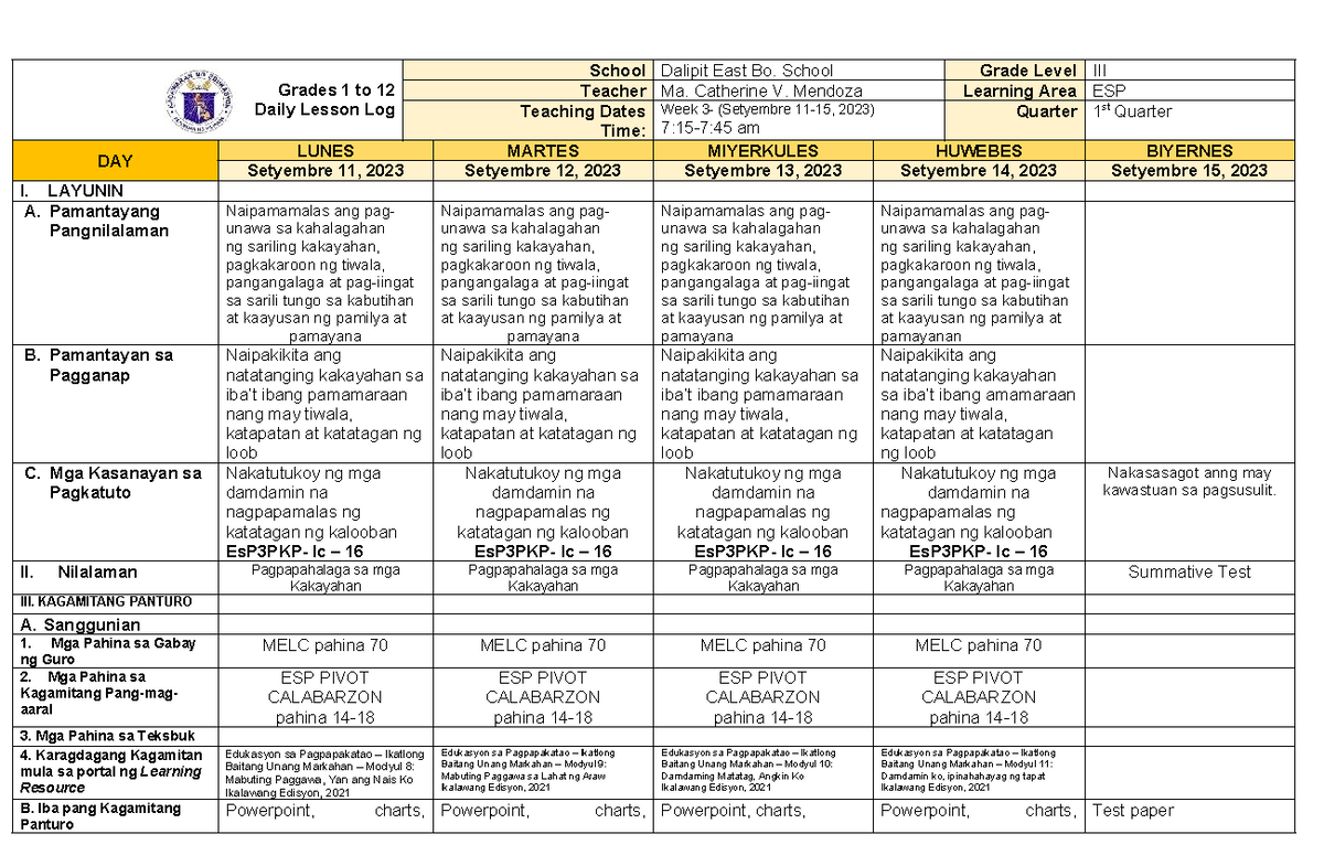 DLL-ESP-Q1-WEEK 3 - LESSON PLAN - Grades 1 to 12 Daily Lesson Log ...
