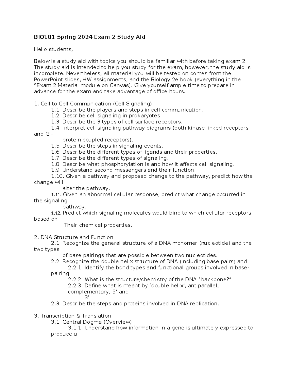 Exam 2 Study Aid - assignment - BIO181 Spring 2024 Exam 2 Study Aid ...