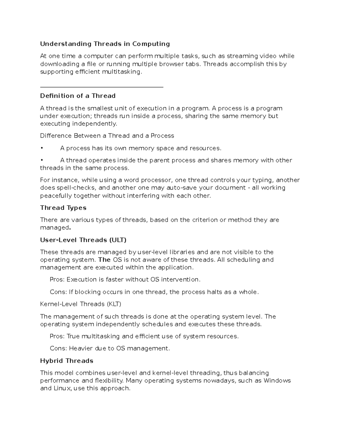 Assignment 1 - Understanding Threads in Computing At one time a ...