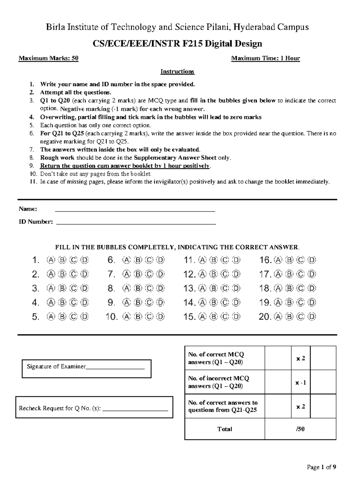 **CS/ECE/EEE/INSTR F 215 Digital Design Question Paper - Exam Format ...