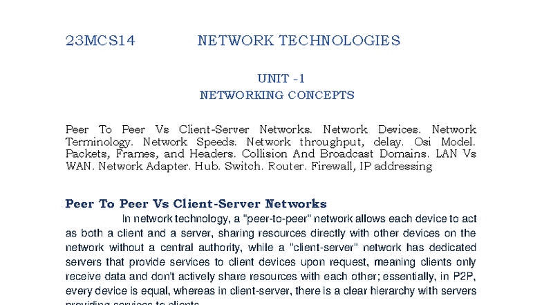 Unit 1 & 2: Understanding Network Technologies and Concepts - Studocu