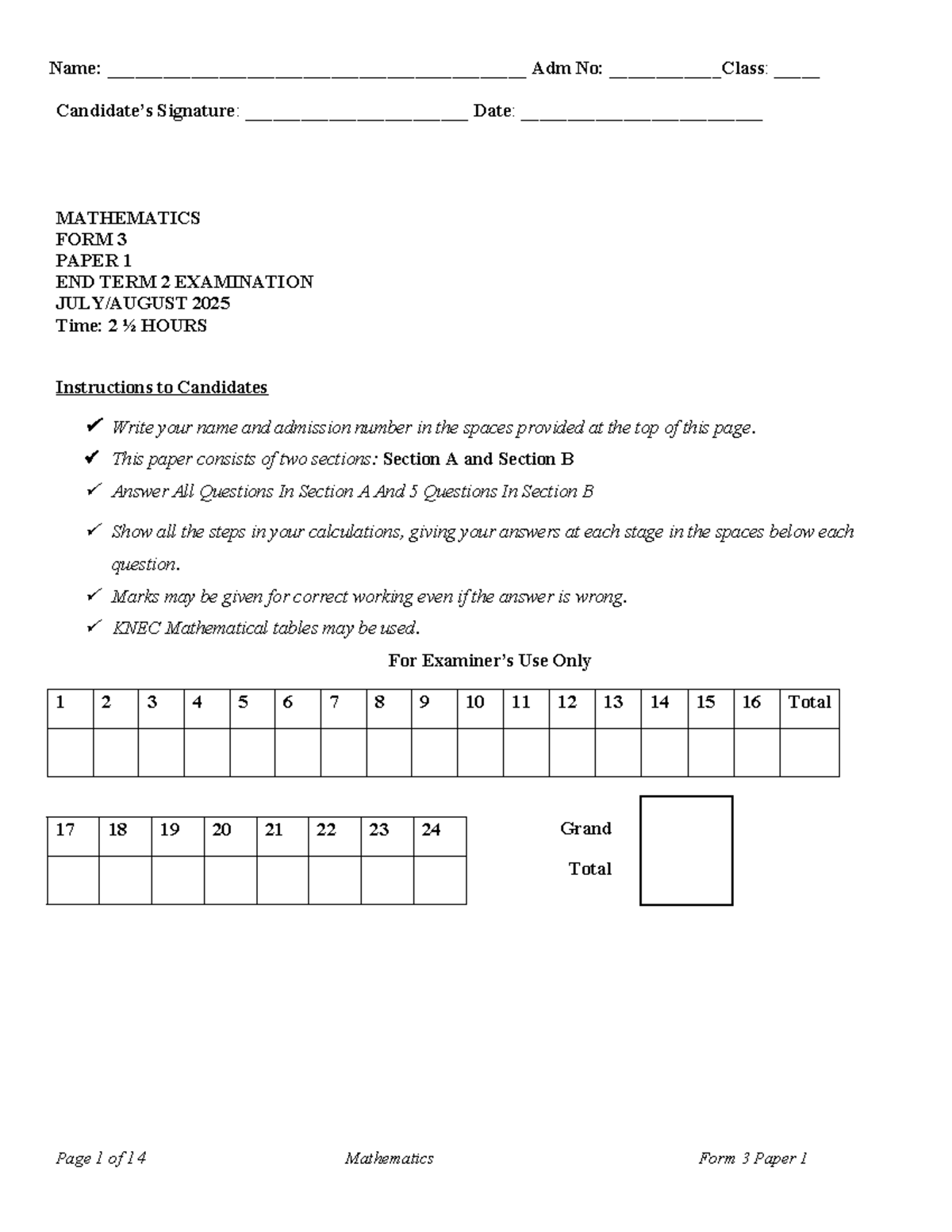 Mathematics Form 3 Paper 1 End Term 2 Examination 2025 - Studocu