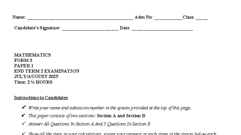 Mathematics Form 3 Paper 1 End Term 2 Examination 2025 - Studocu