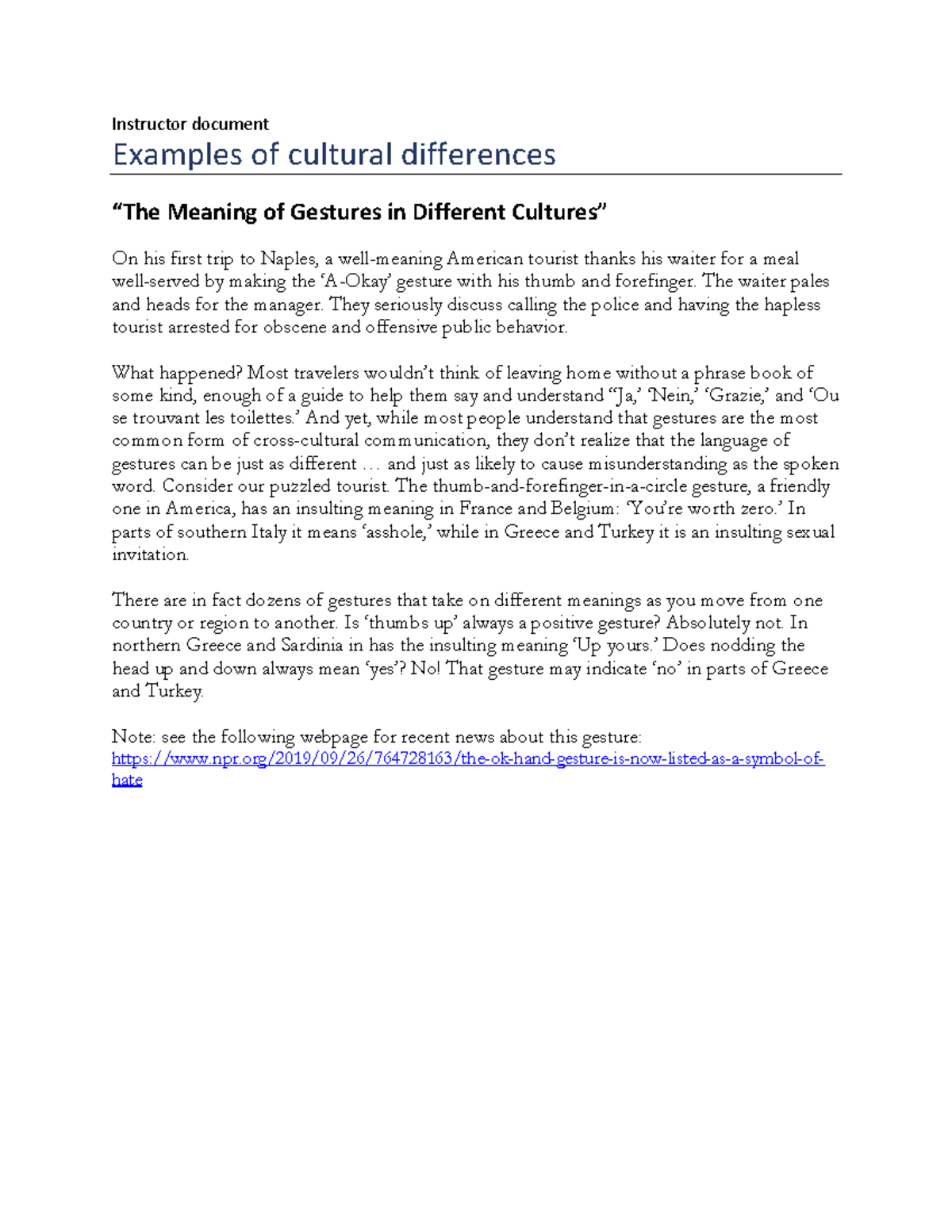 Examples of cultural differences 1 - Instructor document Examples of ...