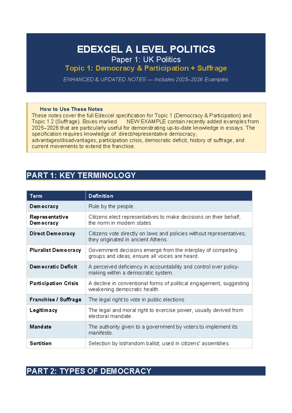 EDEXCEL A LEVEL POLITICS Paper 1: Enhanced Notes on Democracy ...