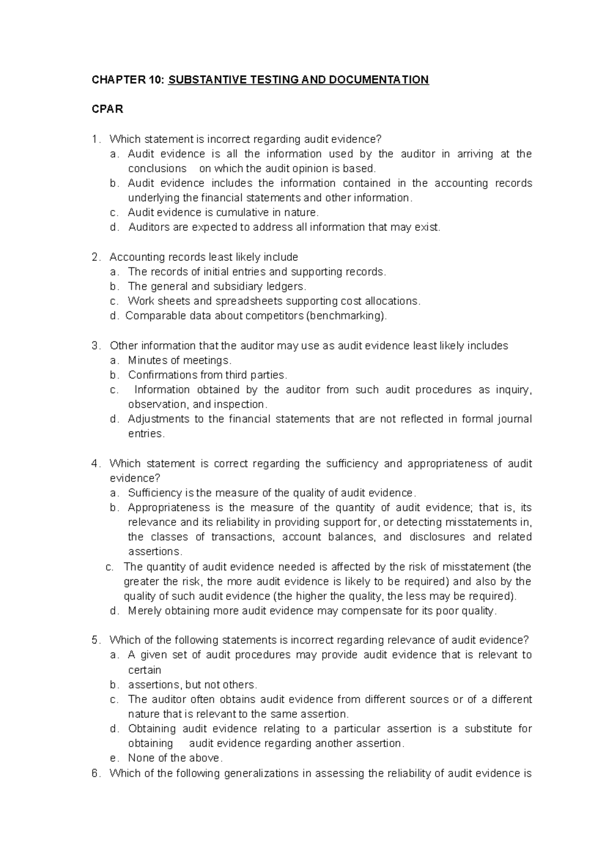 CHAPTER 10 REVIEWER: SUBSTANTIVE TESTING & DOCUMENTATION CPAR - Studocu