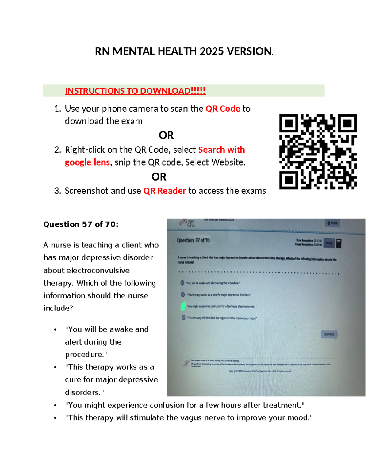 RN mental health final exam instructions and key information - Studocu