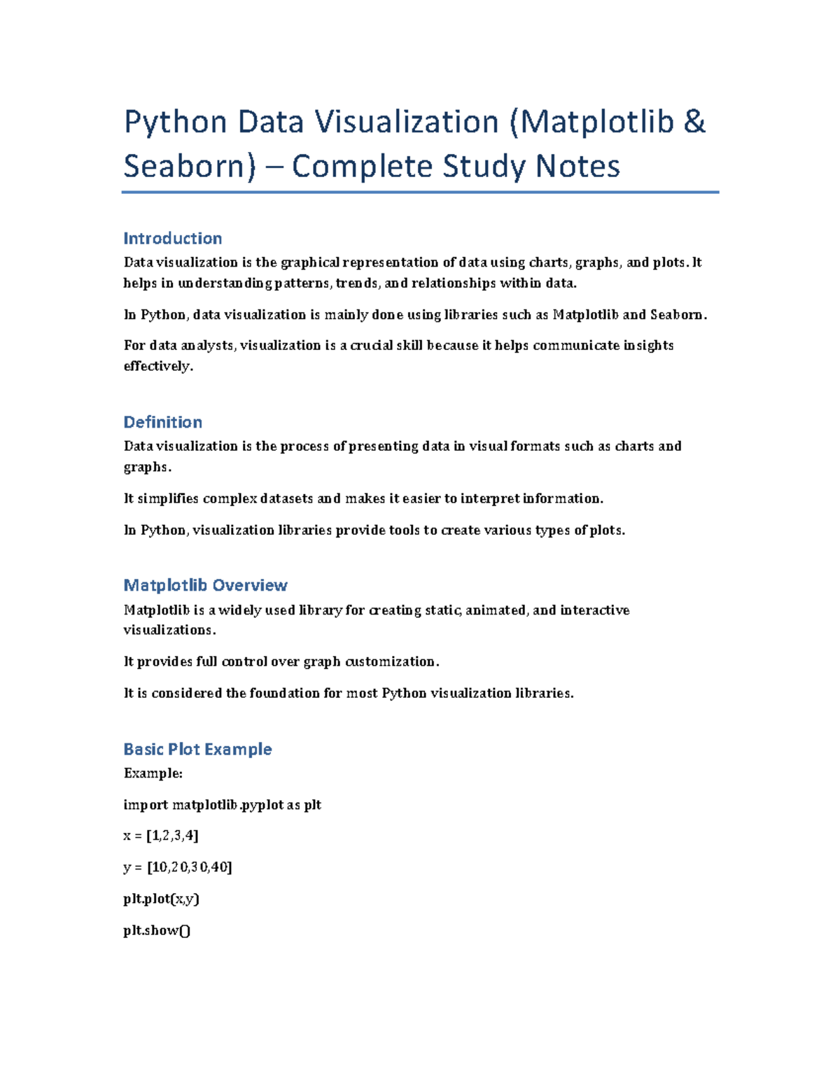 Python Data Visualization (Matplotlib & Seaborn) Study Notes - Studocu