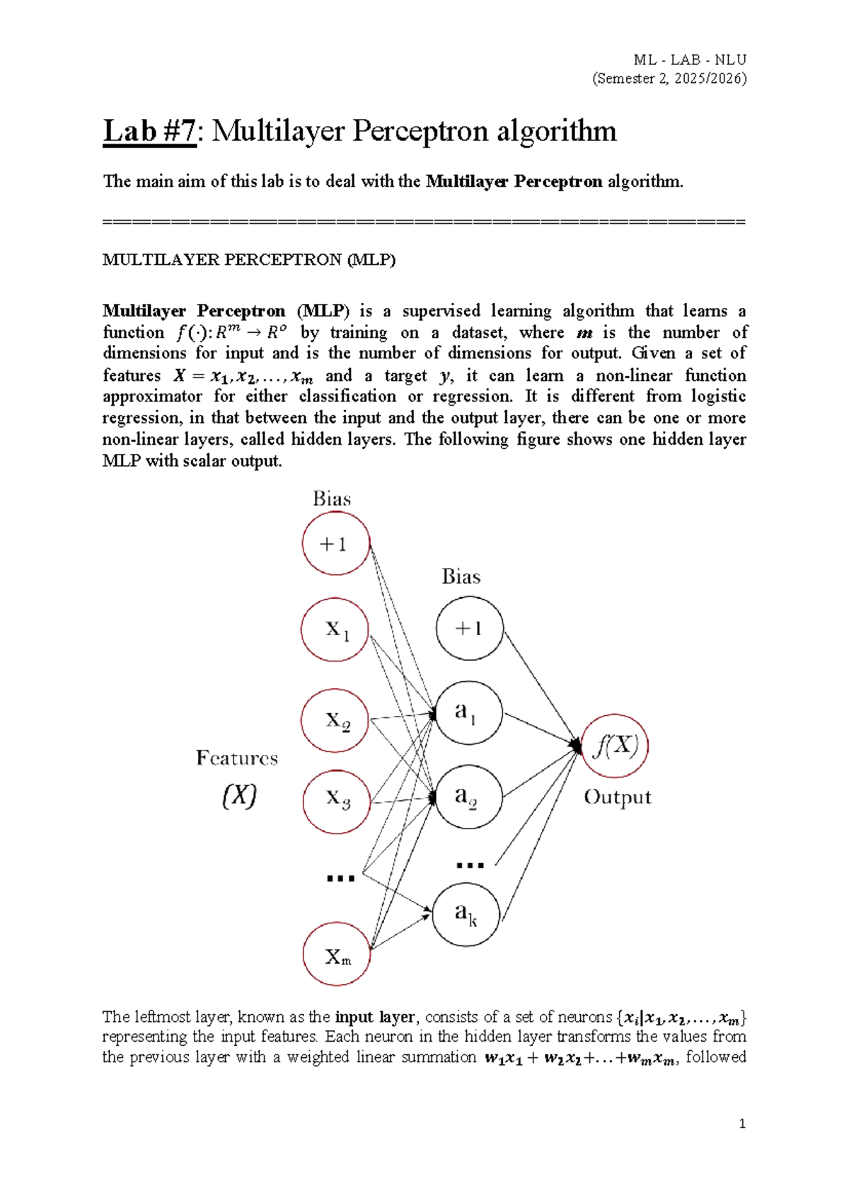 ML LAB NLU (Semester 2) - MLP Algorithm Overview and Notes - Studocu