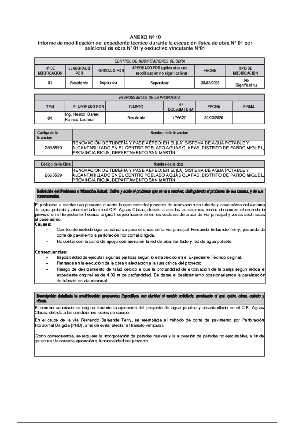 Anexo Nº 10: Informe de Modificación del Expediente Técnico - Obra 2665569 - Document Preview