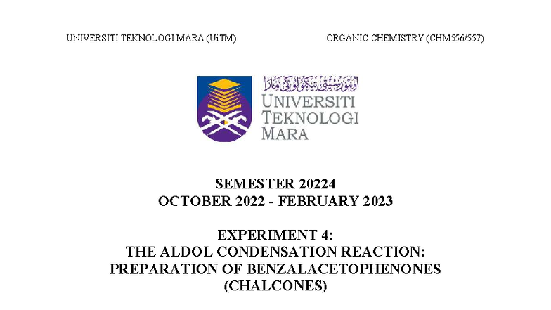 CHM557 Organic Chemistry Experiment 4: Aldol Condensation Lab Manual ...