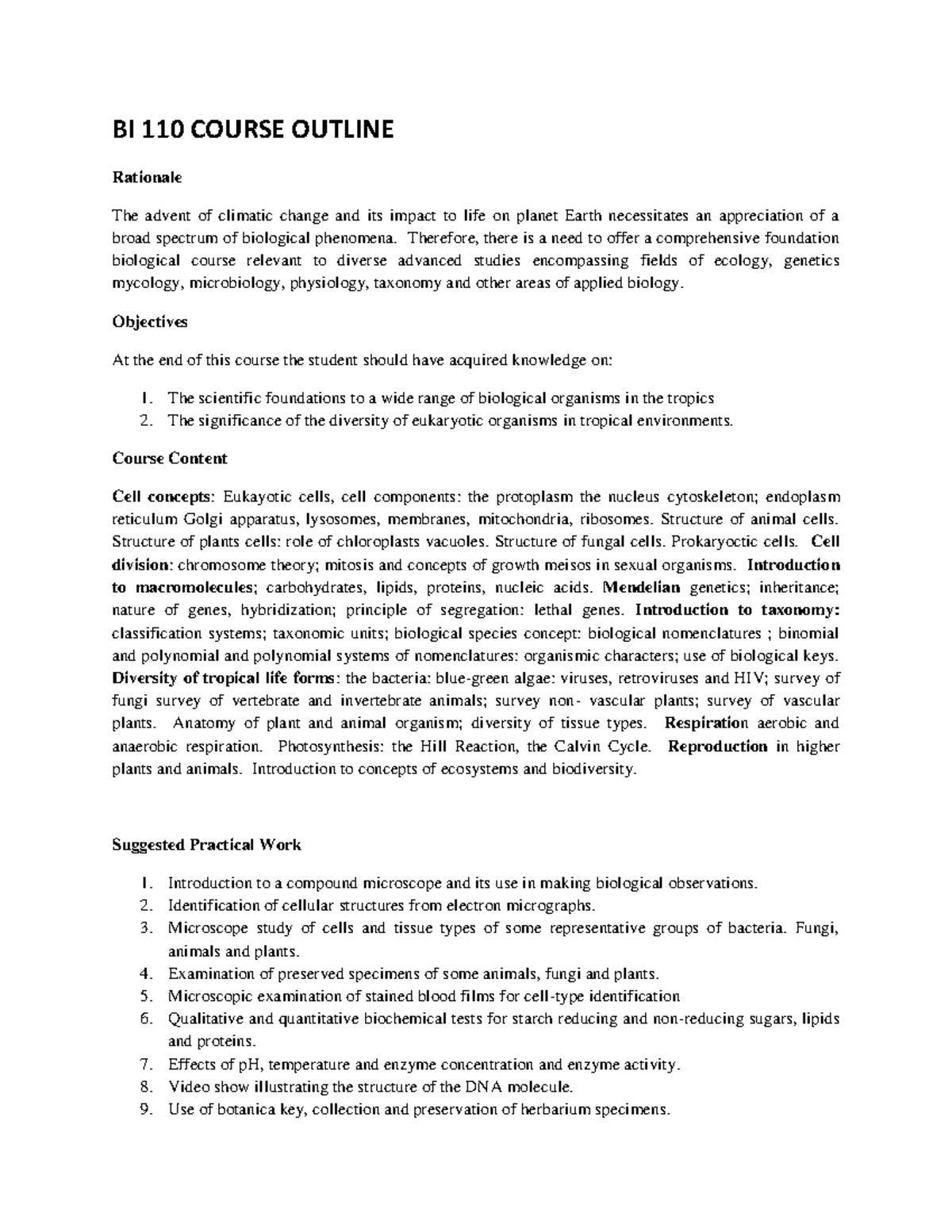 BI 110 Course Outline - QUESTIONS FROM PAST PAPERS - BI 110 COURSE ...