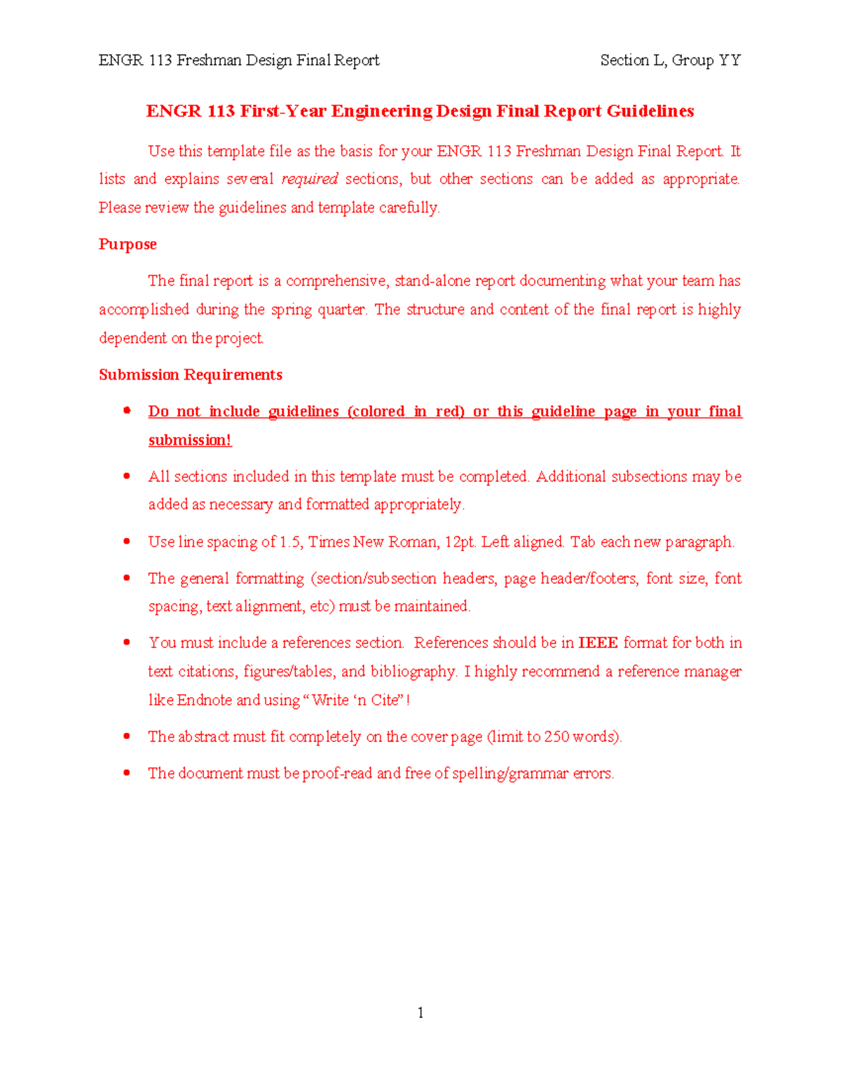ENGR 113 Final Report Guidelines for Freshman Engineering Design - Studocu