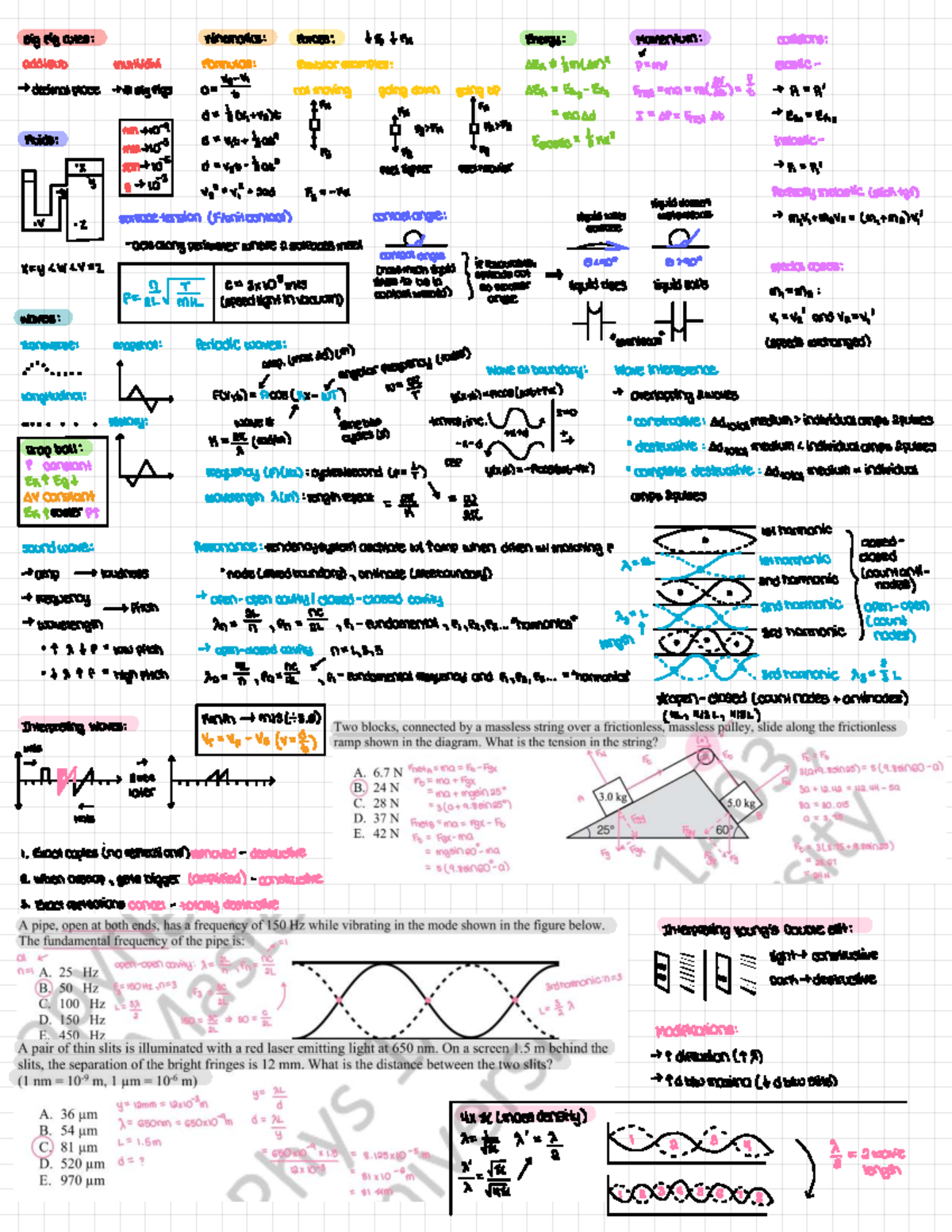 Physics 101 Final Exam Crib Sheet: Kinematics, Forces, and Waves - Studocu