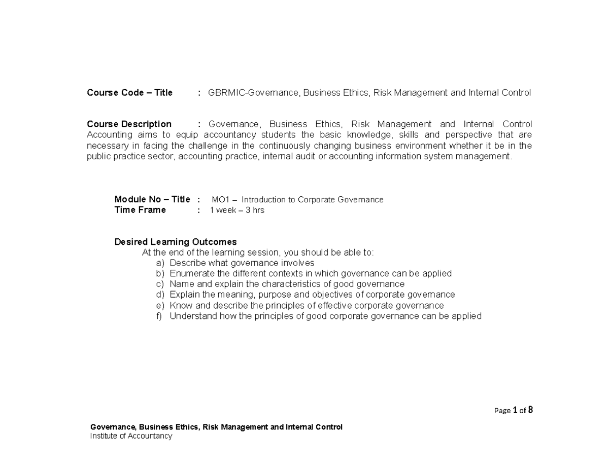 GBRMIC Chapter 1: Introduction to Corporate Governance - Key Concepts ...