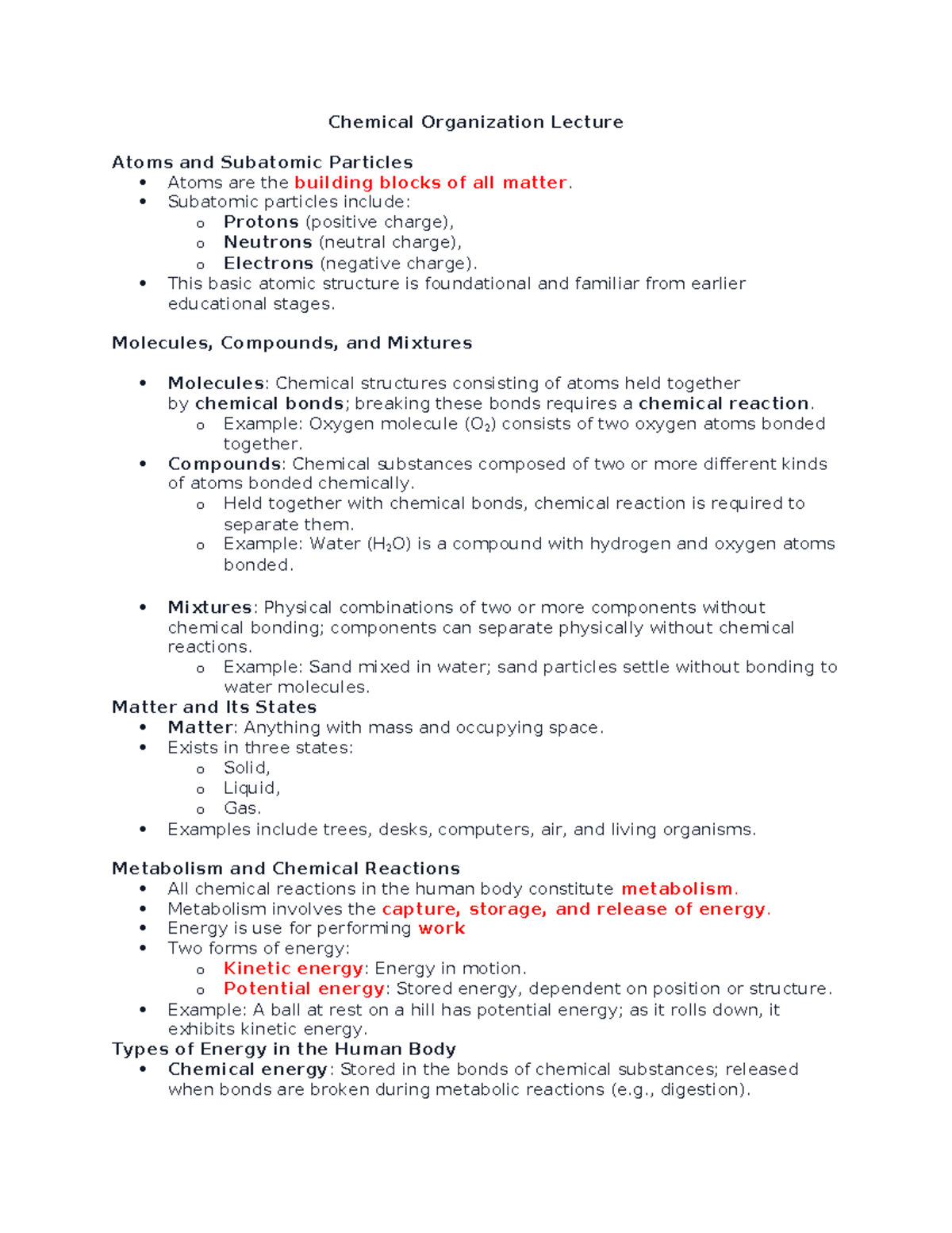 Chemical Organization and Human Cell Structure Overview (BIO101) - Studocu