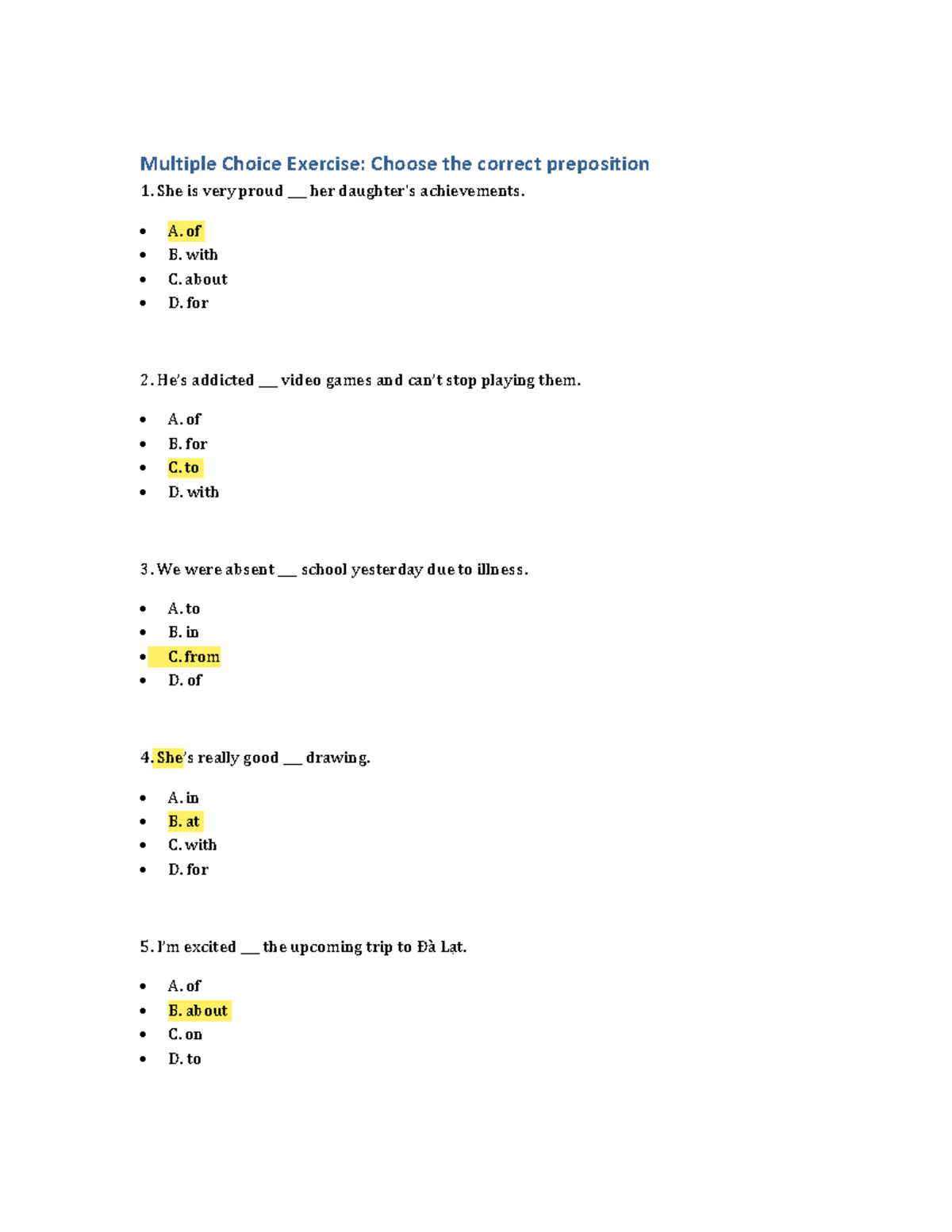Multiple Choice Exercise: Prepositions Practice for ESL Students - Studocu