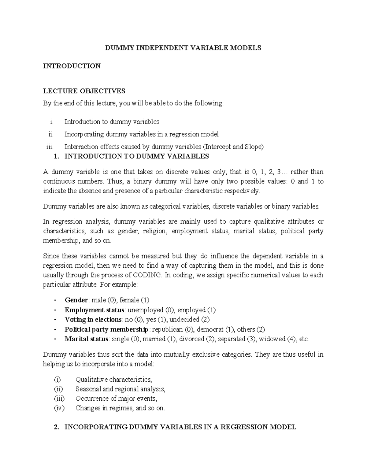Dummy variable models introduction lecture objectives (ECON 101) - Studocu