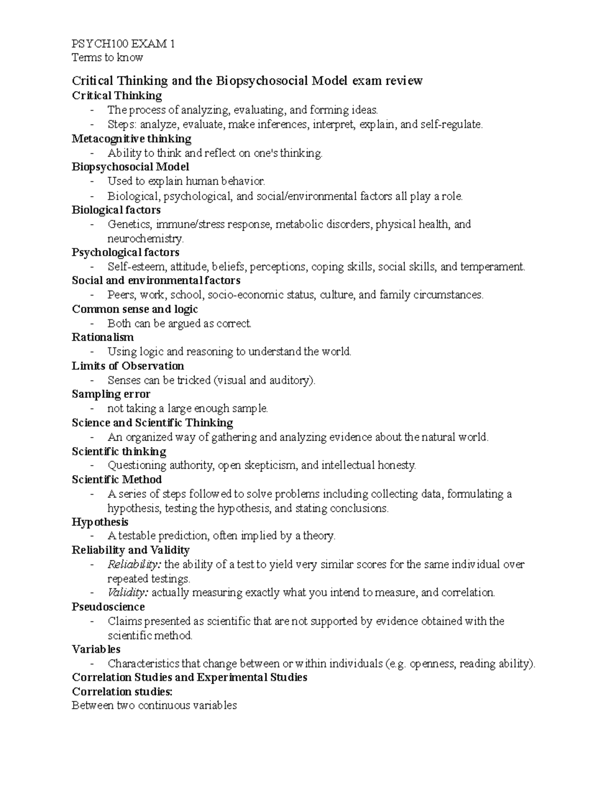 Psych 100 Exam 1 Review: Key Concepts in Psychology - Studocu