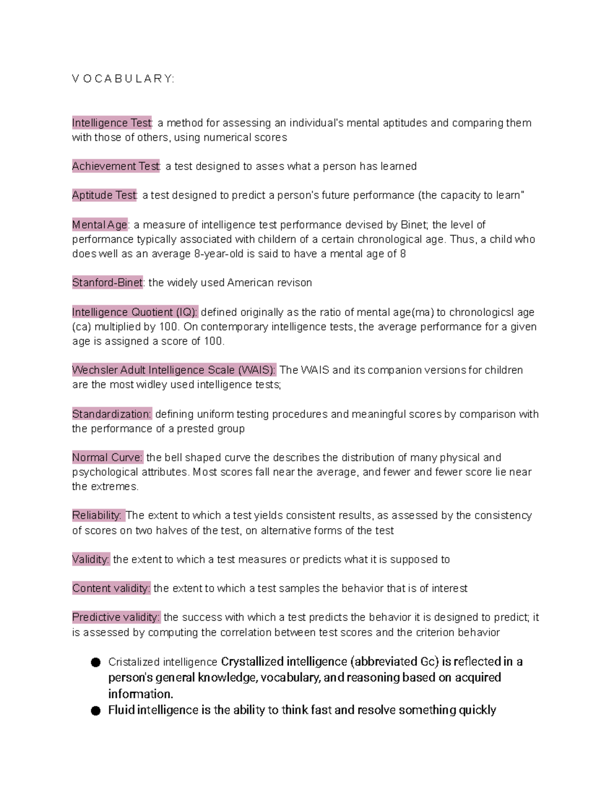 Psycology notes - Terms and definition. - V O C A B U L A R Y ...