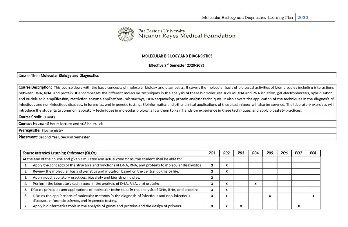 Molecular Biology & Diagnostics Syllabus - FEU 2nd Sem 2020 - Studocu