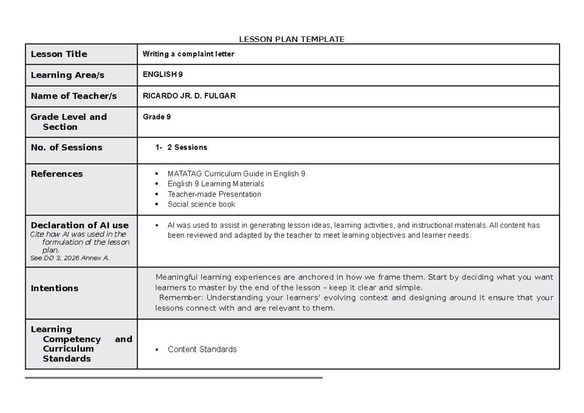 ILAW - Lesson Plan Template for Writing a Complaint Letter in English 9 ...
