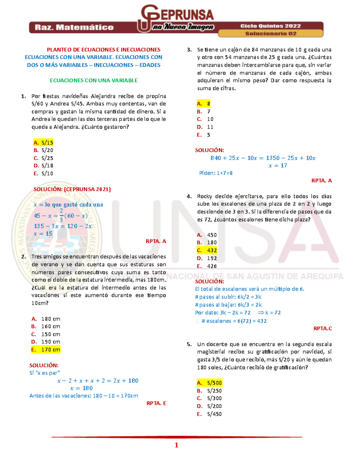 01 Raz Mat. Solucionario 02 Ceprunsa 2022 Quintos - Ejercicios y Soluciones - Document Preview
