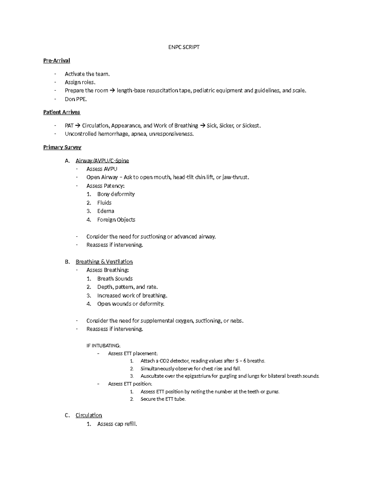 ENPC Script: Pediatric Resuscitation Protocols and Assessments - Studocu
