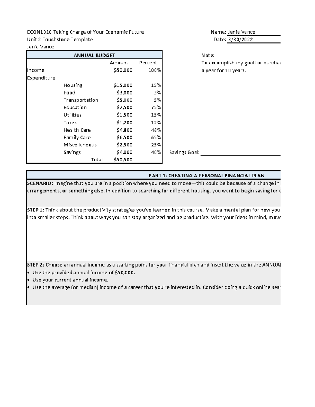 Taking Charge of Your Economic Future - ECON1010 Unit 2 Template - Studocu