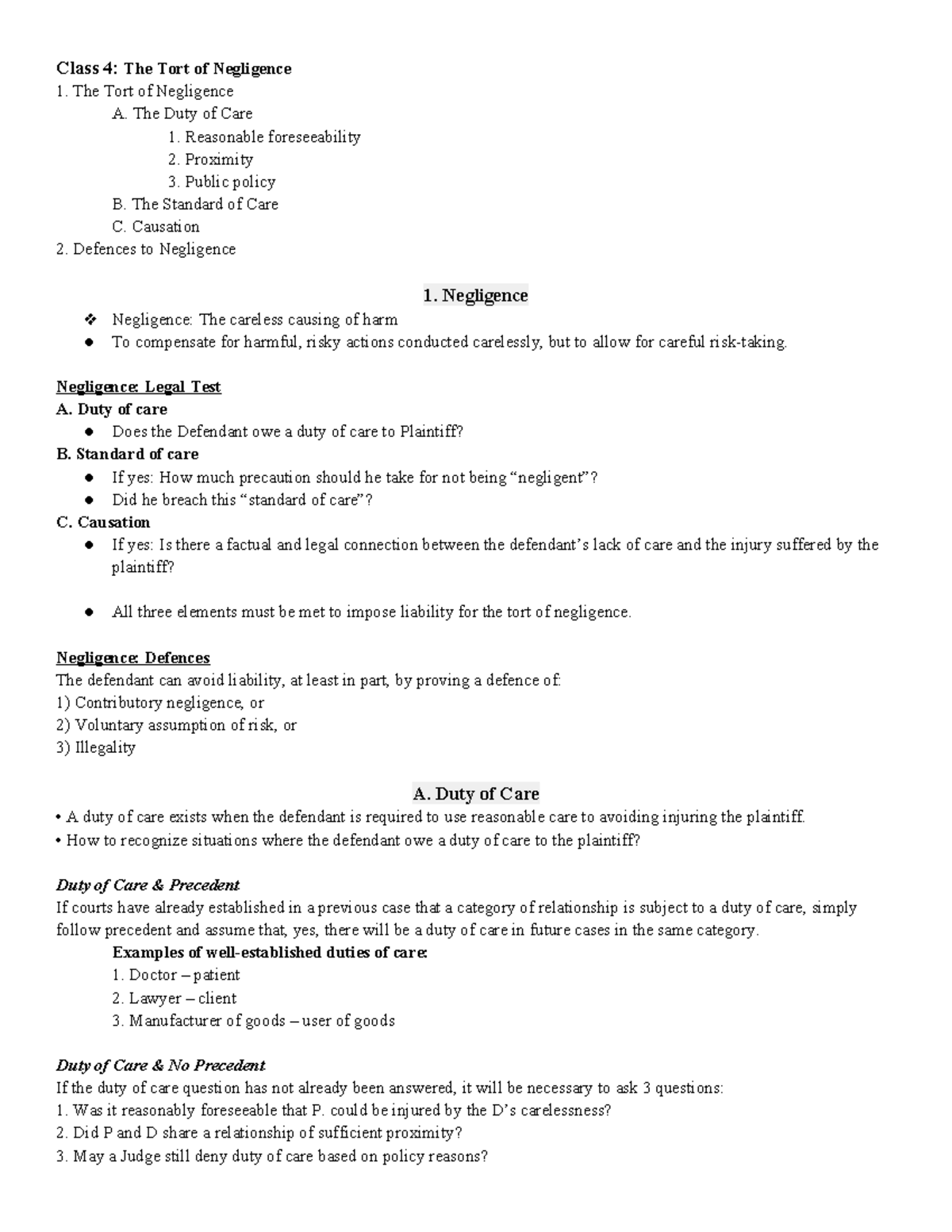 LAW122 - Lecture Notes on The Tort of Negligence: Duty of Care ...