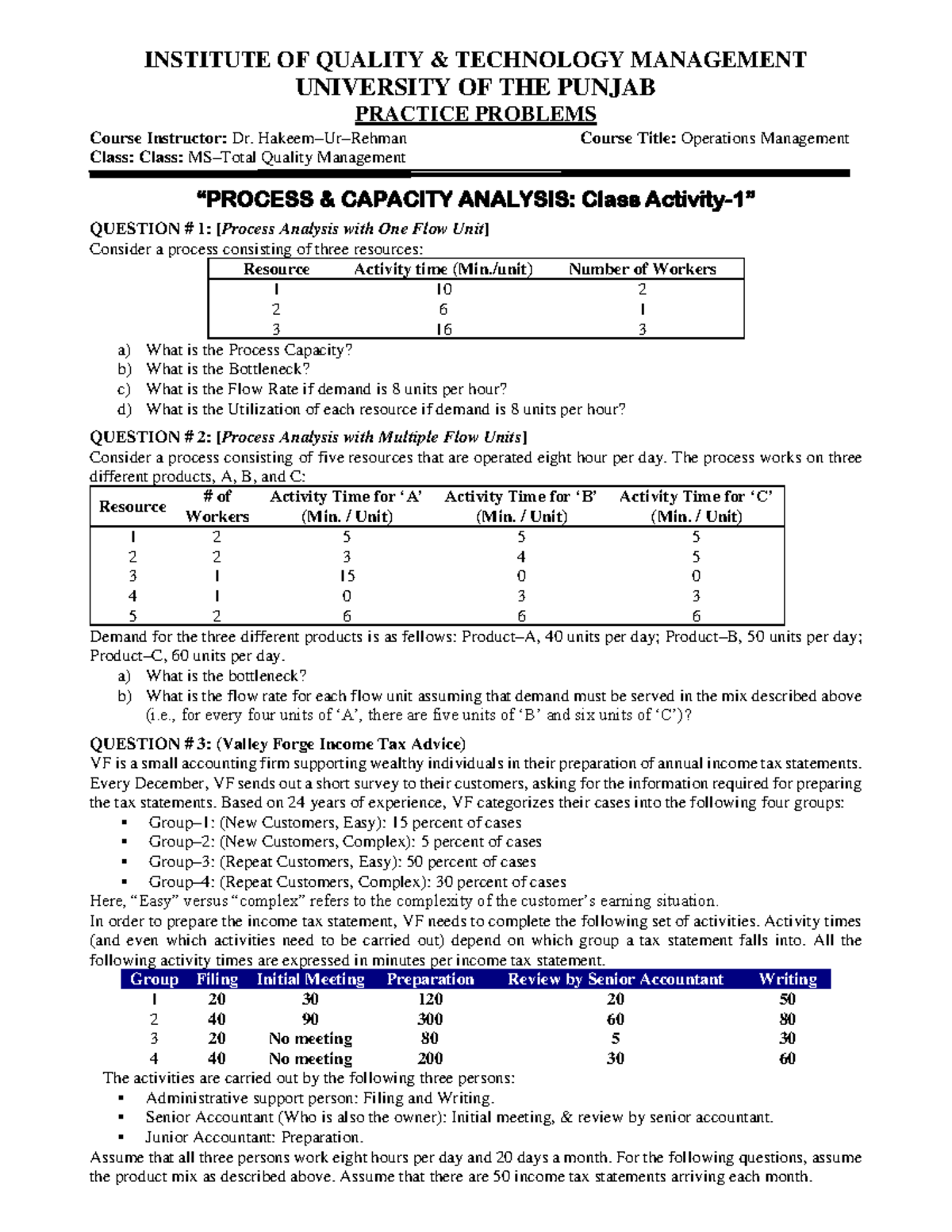 Q5 - Process & Capacity Analysis Practice Problems in TQM - Studocu