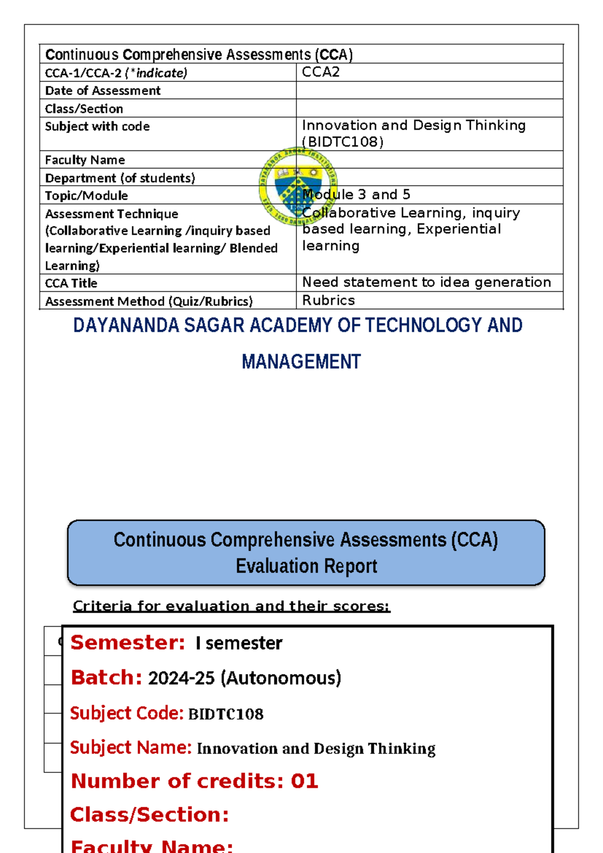 CCA2 Evaluation format- First semester - DAYANANDA SAGAR ACADEMY OF ...