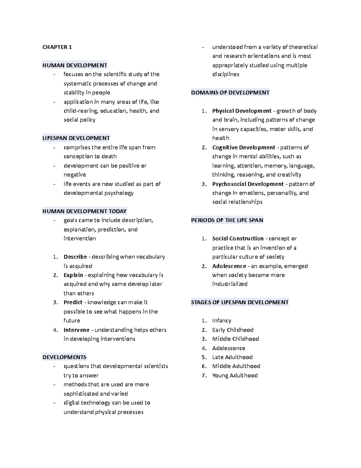 Dev Psych Ch1 Human Development Key Concepts And Stages Studocu