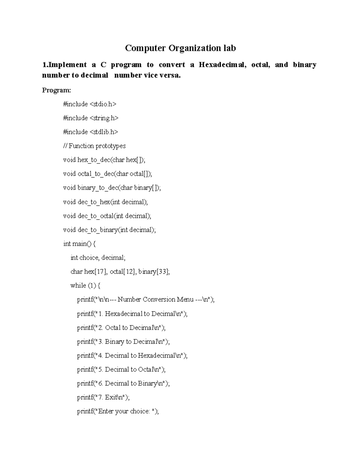 BSC CO Lab Manual - C Programs for Number Conversion & Logic Operations ...