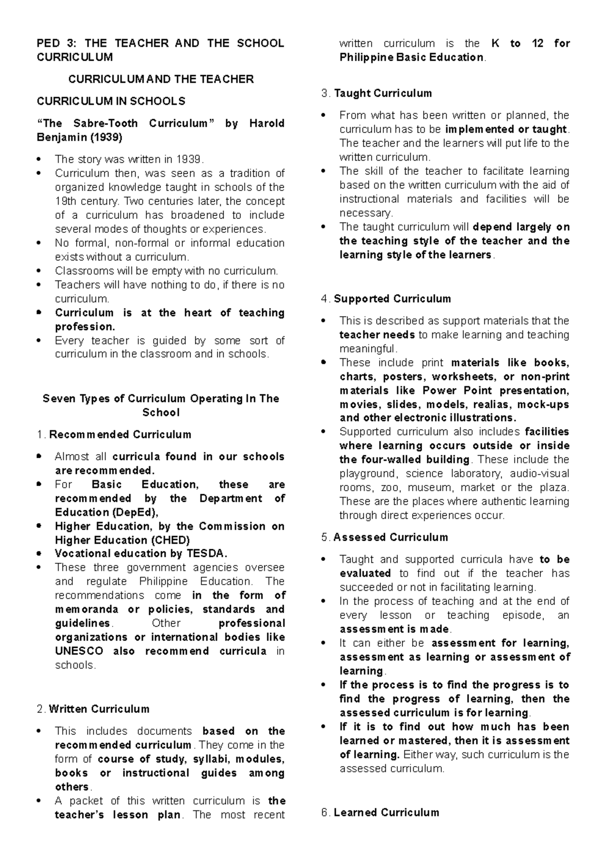 PED 3: Teacher's Role in School Curriculum - Essential Notes - Studocu
