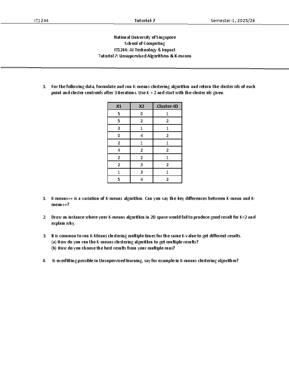 IT1244: AI Technology Impact - Tutorial 7 on Unsupervised Algorithms ...